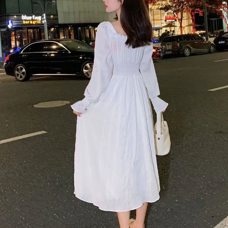 pantsparadises DRESS TO IMPRESS Dress Women Gentle Vintage Pure Chic Long-sleeve Folds Square Collar A-line  Autumn Dating Vestidos Defined Aesthetic OOTD