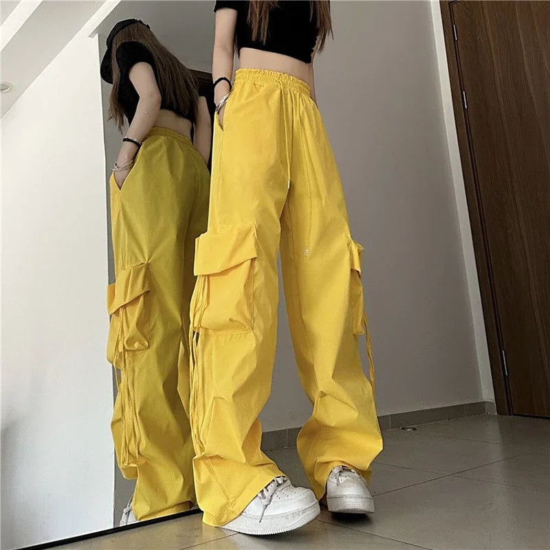 pantsparadises Hip Hop Cargo Pants Women Jazz Black Big Pockets Streetwear Trousers High Waisted Solid Fashion Harajuku Y2K Wide-Legged Pants