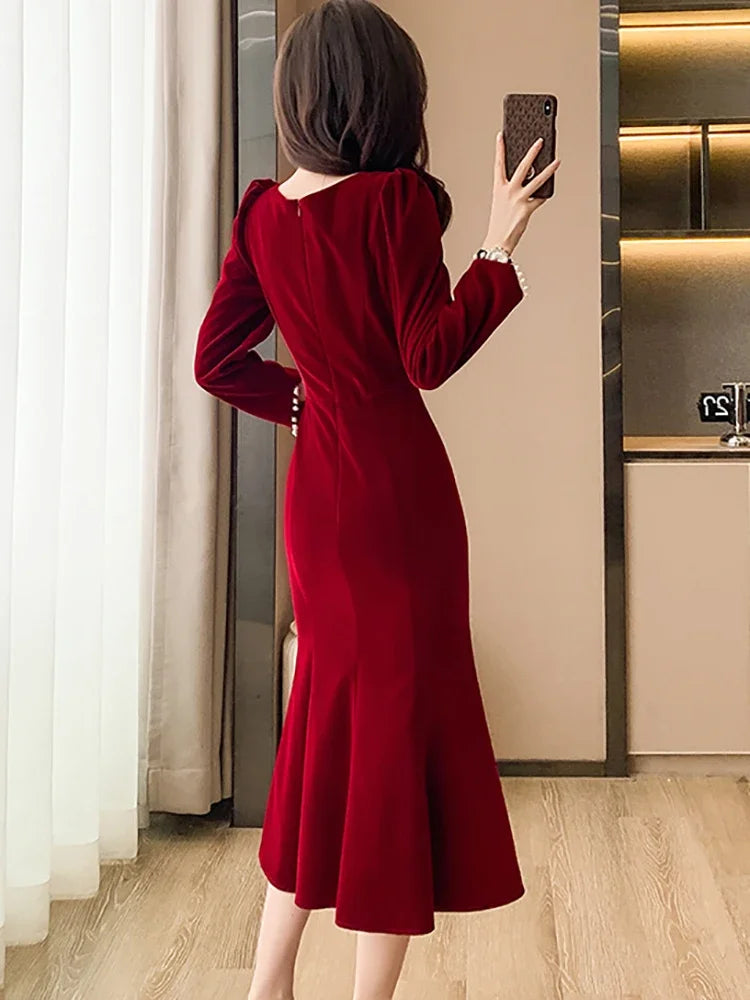 pantsparadises Women Red Velvet Elegant Christmas Dress Autumn Winter Chic Diamonds Square Collar Luxury Dress Korean Vintage Night Dress