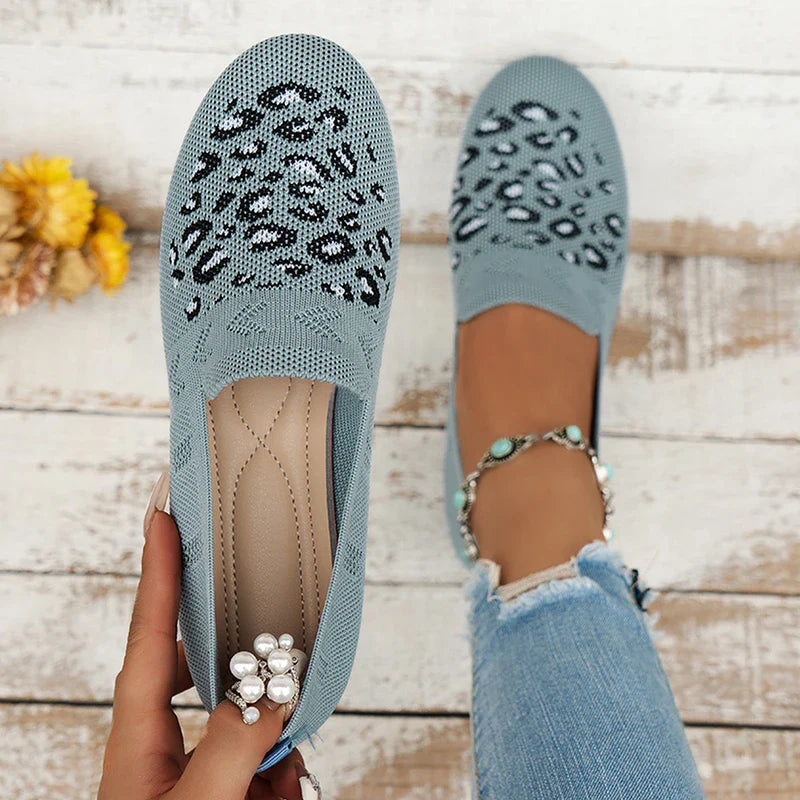 pantsparadises Leopard Prints Knitted Loafers Women Breathable Mesh Shallow Flats Shoes Woman Lightweight Casual Slip-On Walking Shoes