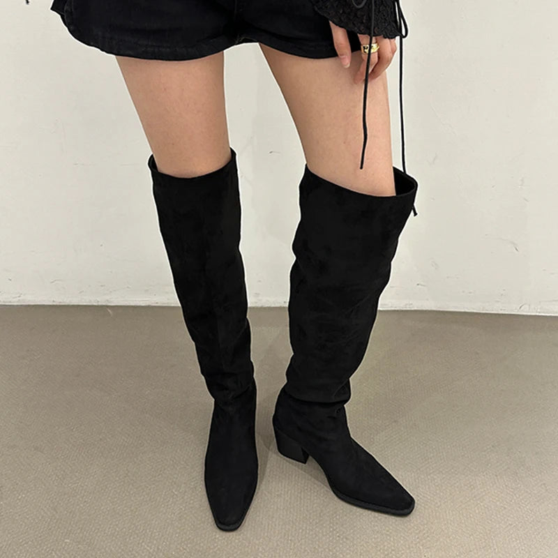 pantsparadises Designer Vintage Women Knee High Boots Fashion Slip On Long Booties Autumn Winter Thick Heels Ladies Shoes