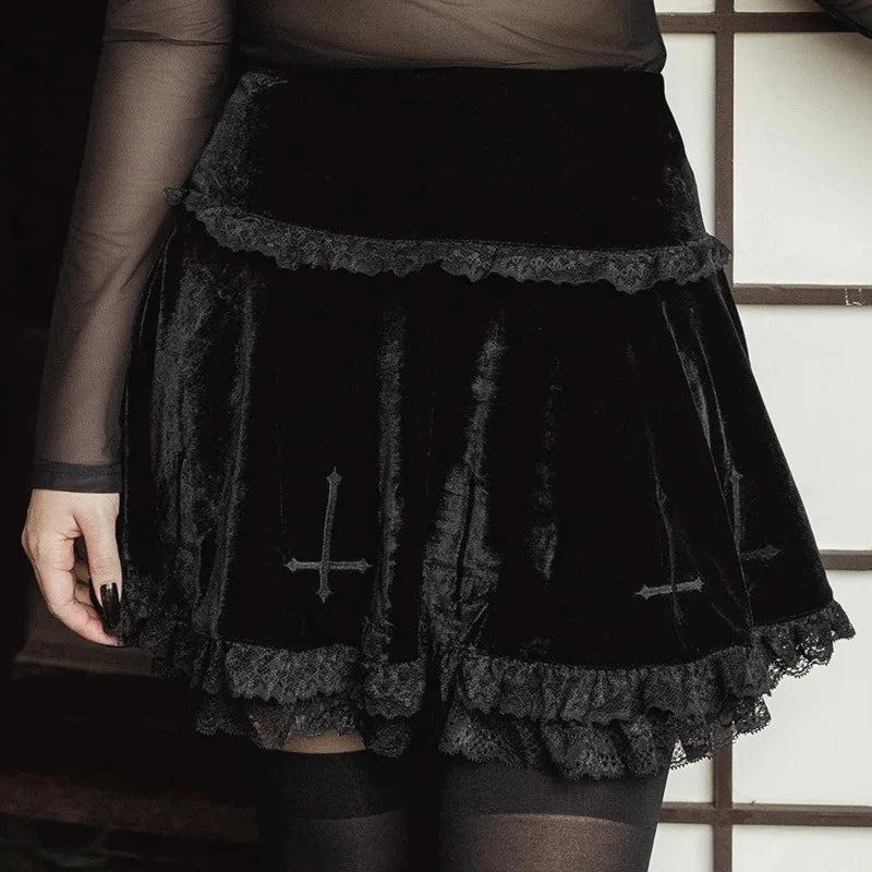 pantsparadises Women Sexy Fashion Cross Summer Embroidery Black Gothic Style Casual Party Stylish Lace Trim Mini Skirts