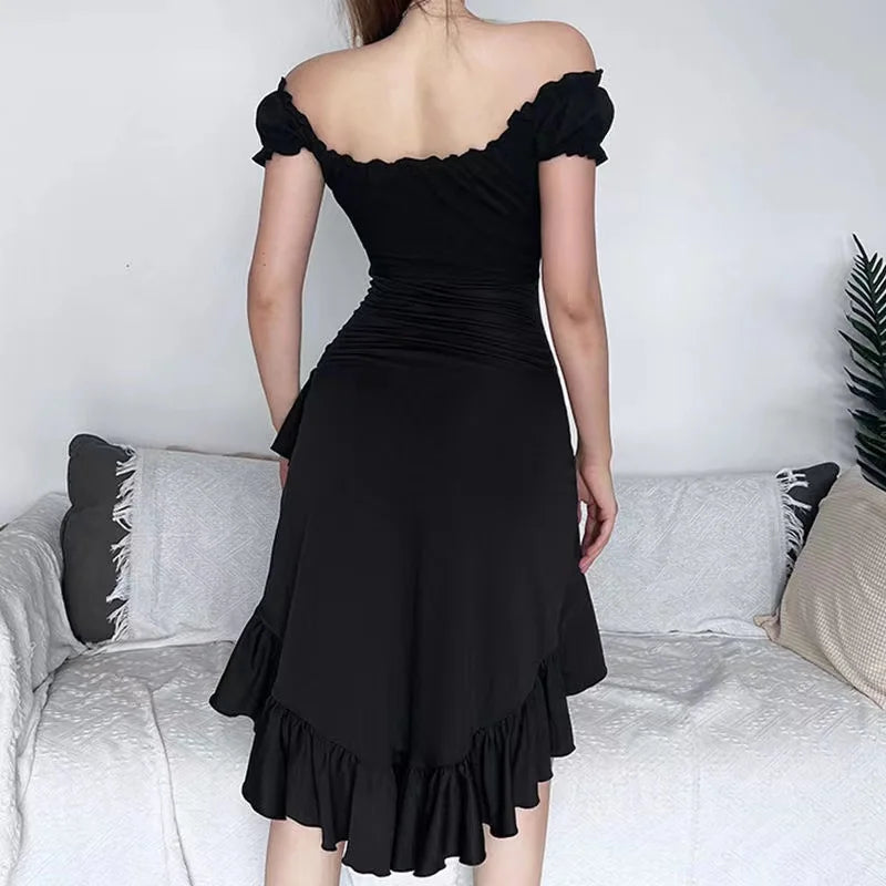 pantsparadises Summer Black A-LINE Dress Women Streetwear Sexy Off Shoulder Short Sleeves Ruffled Mid Length Dresses Club Elegant Partywear