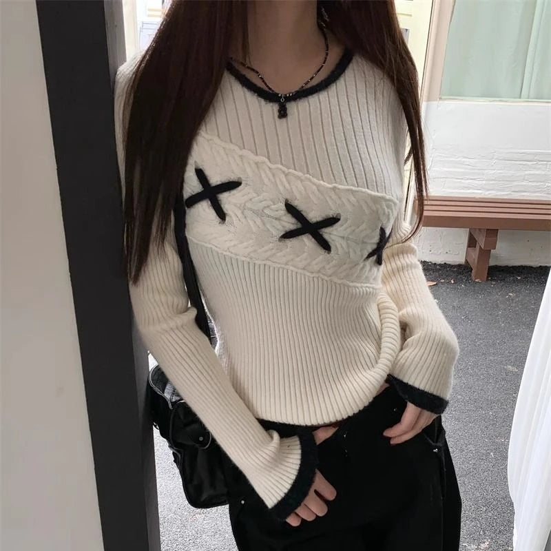 pantsparadises Korean Style Elegant Sweaters Sweet Vintage Long Sleeve Knitted Pullover Autumn Winter Patchwork Sweaters Aesthetics