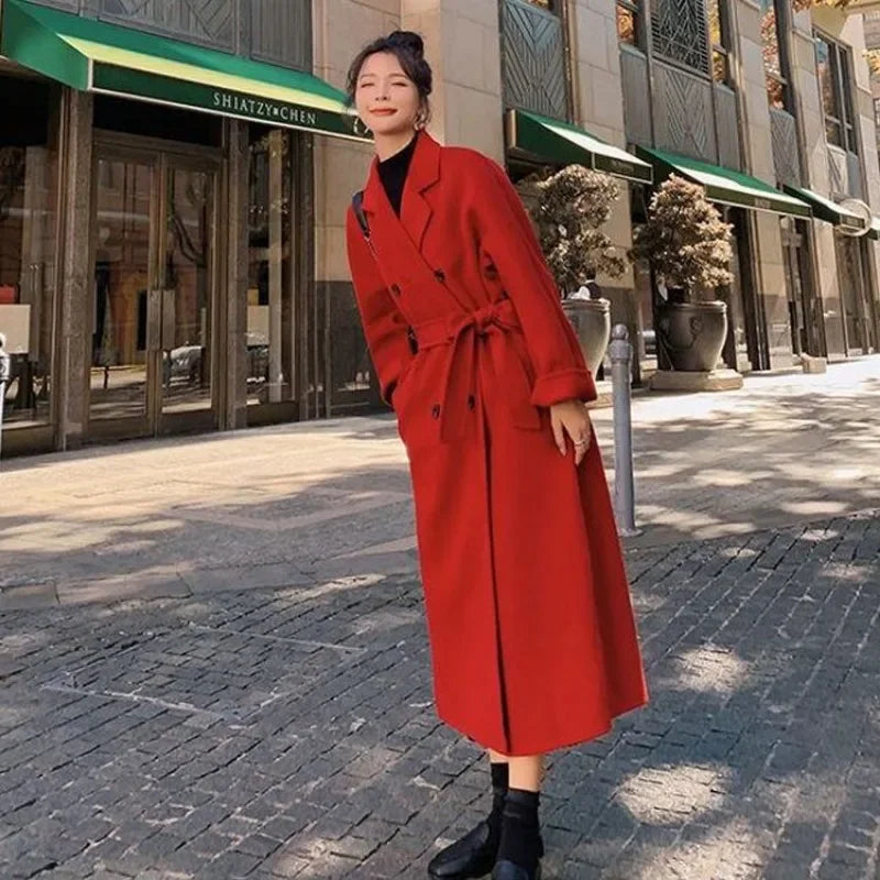 pantsparadises New Large Size Hepburn Style Red Woolen Coat for Women Autumn and Winter Fat Mm Loose Long Thick Woolen Coat