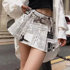 pantsparadises Newspaper Short Skirt Printed Pleated High Waist Spicy Girl For Women Summer New Fashion Causal A-Line Short Skirt Women