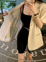 pantsparadises Retro Suit Collar Single Breasted Women Short Sleeved Korean Chic Casual Slim Jacket Female Cotton Linen Jacket Top 2024 Summer