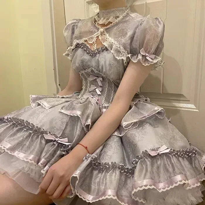 pantsparadises Sweet Lolita Princess Dress Women Sweet Bow Ruffles Evening Party Mini Dress Japanese Harajuku Retro Kawaii Y2k Vestidos