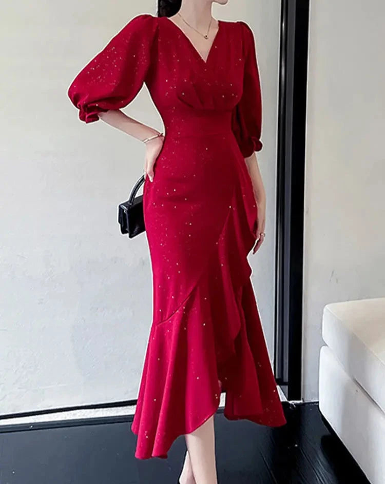 pantsparadises Elegant Midi Red Mermaid Dress Women Autumn Korean Sexy V-neck Irregular Sequins Dress Vintage Casual Evening Party Dress