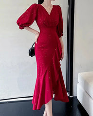 pantsparadises Elegant Midi Red Mermaid Dress Women Autumn Korean Sexy V-neck Irregular Sequins Dress Vintage Casual Evening Party Dress