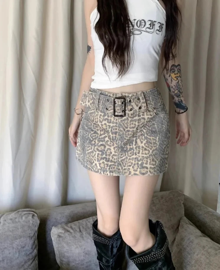 pantsparadises Women Punk Vintage Y2K Slim Retro Trashy Jeans Skirts Summer Casual Female Hotsweet Leopard Print Mini Denim Short Skirt