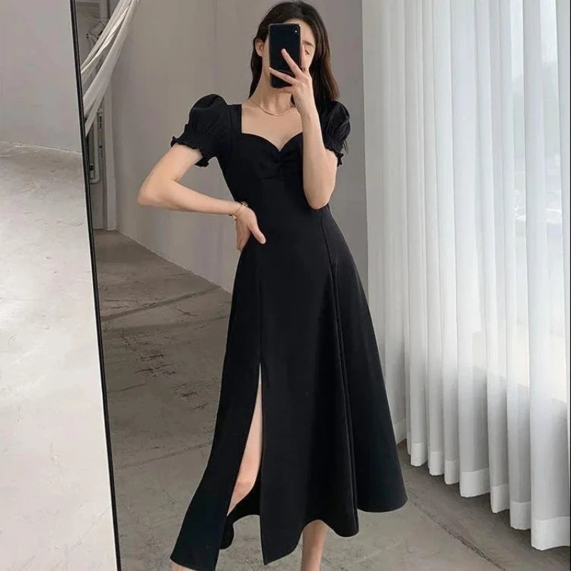 Solid Puff Short-Sleeved Elegant Dress Women Clothing Wedding Guest New Year Women Fashion High Waist Slim Evening Party Dresses