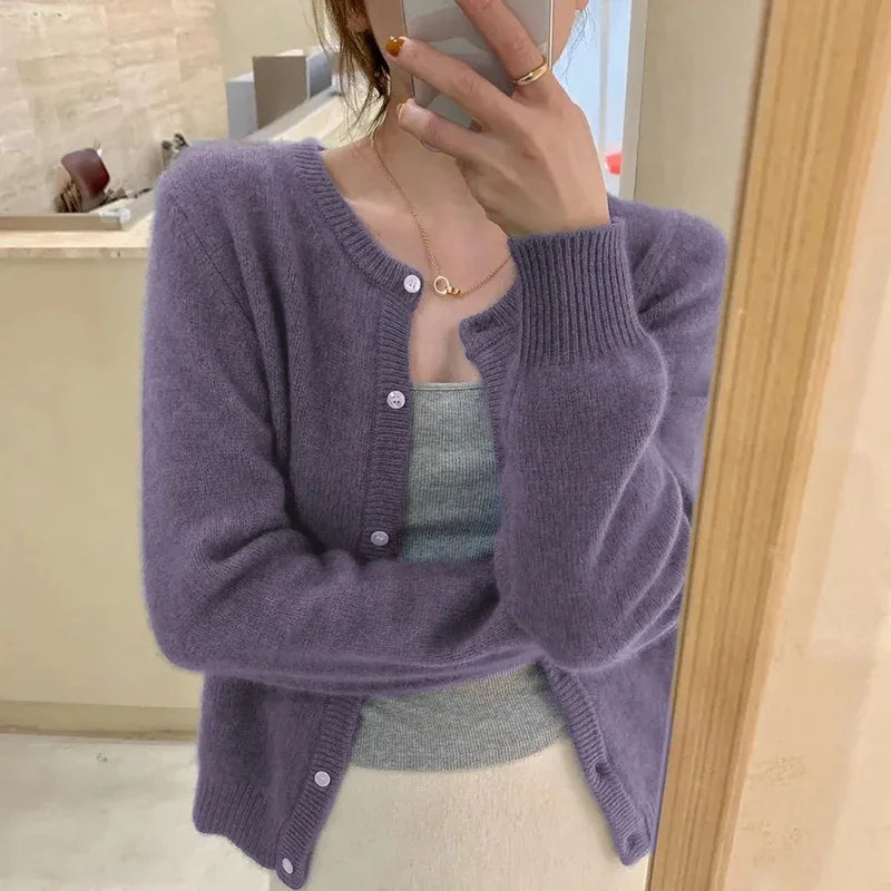 pantsparadises Cold Weather Outfits Fall Solid Color Knitted Cardigan Women Korean Single Breasted Long Sleeve Jumper Woman Round Neck All Match Sweater Outwear Top