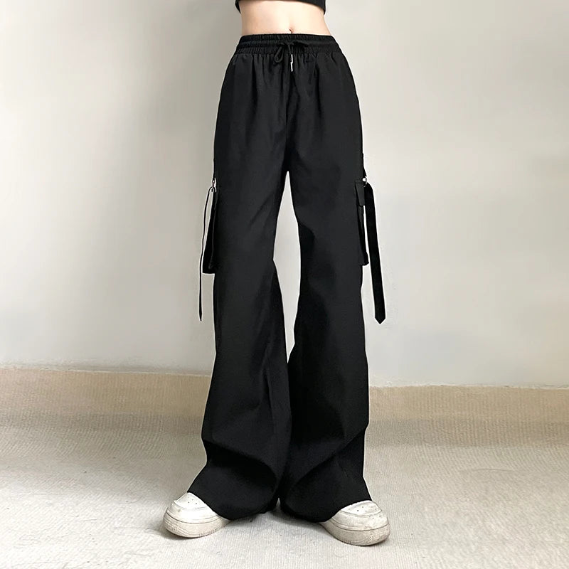 pantsparadises Black Baggy Cargo Pants Harajuku Low Rise Loose Straight Pants Korean Style Streetwear y2k Trousers Aesthetic Women Basic