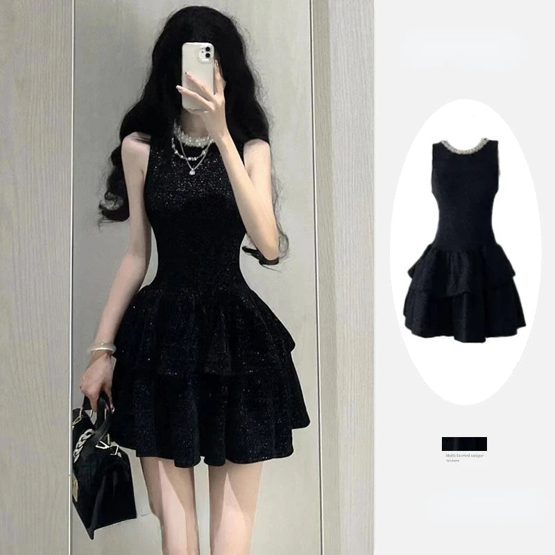 French Black Vintage A-line Dress Women 2024 Summer Sequins Y2k Design Elegant Even Party Dress Female Solid Korea Style Clothes