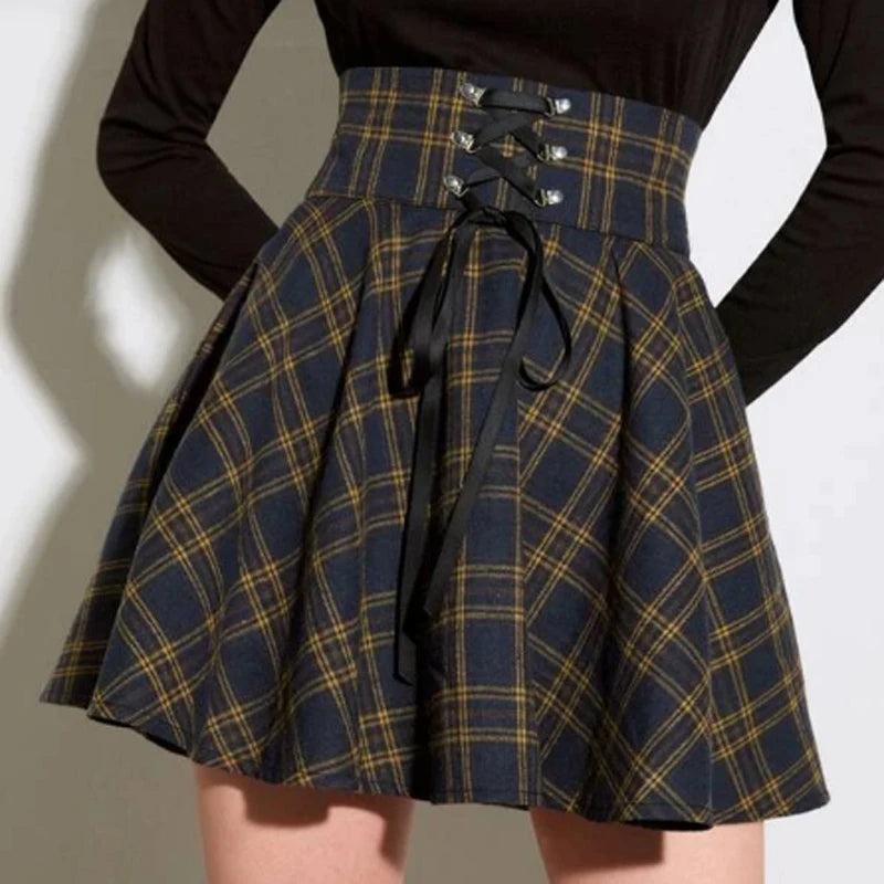 pantsparadises Vintage Y2K Punk Sexy High Waist Mini Skirts Purple Plaid Bandage Harajuku Aesthetic Skirt Goth Grunge Cake Skirt Streetwear