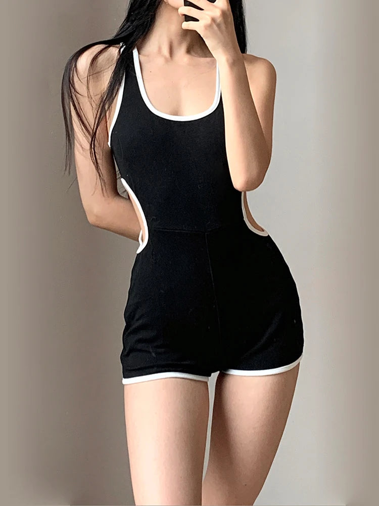 pantsparadises Sporty Activewear Basic Hollow Out Playsuits Sexy Slim O-Neck Sleeveless Rompers Women Summer Fashion Streetwear