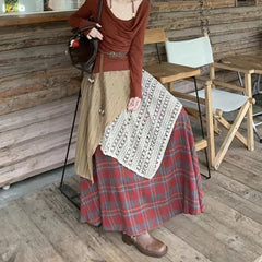 pantsparadises Vintage Long Skirt Women Japanese Style Patchwork Plaid Skirts Harajuku Loose Street Casual Ruffle Skirts Aesthetics