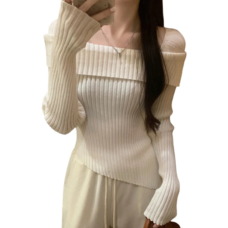 pantsparadises Women Knitted Sweater Solid Color Square Collar Long Sleeve Asymmetrical Hem Crop Top y2k Aesthetic Clothing Streetwear