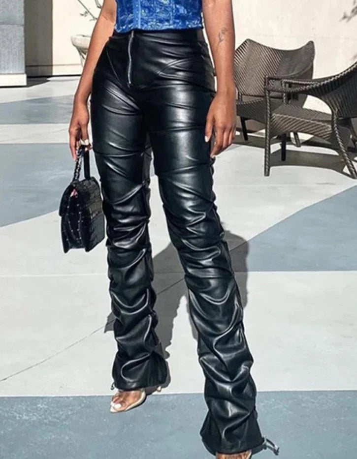 pantsparadises Faux Leather Pants Cyber Y2K Vintage Stacked Zipper Side Slit Drawstring Pencil Pants Trend Streetwear Slim Outfits