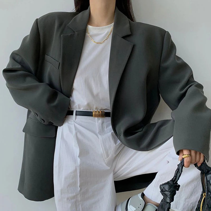 pantsparadises Black Suit Jacket Women Loose Straight Long Sleeve Spring Fall  Fashion Outwear Basic Simple Korean Office Lady High Street Coat