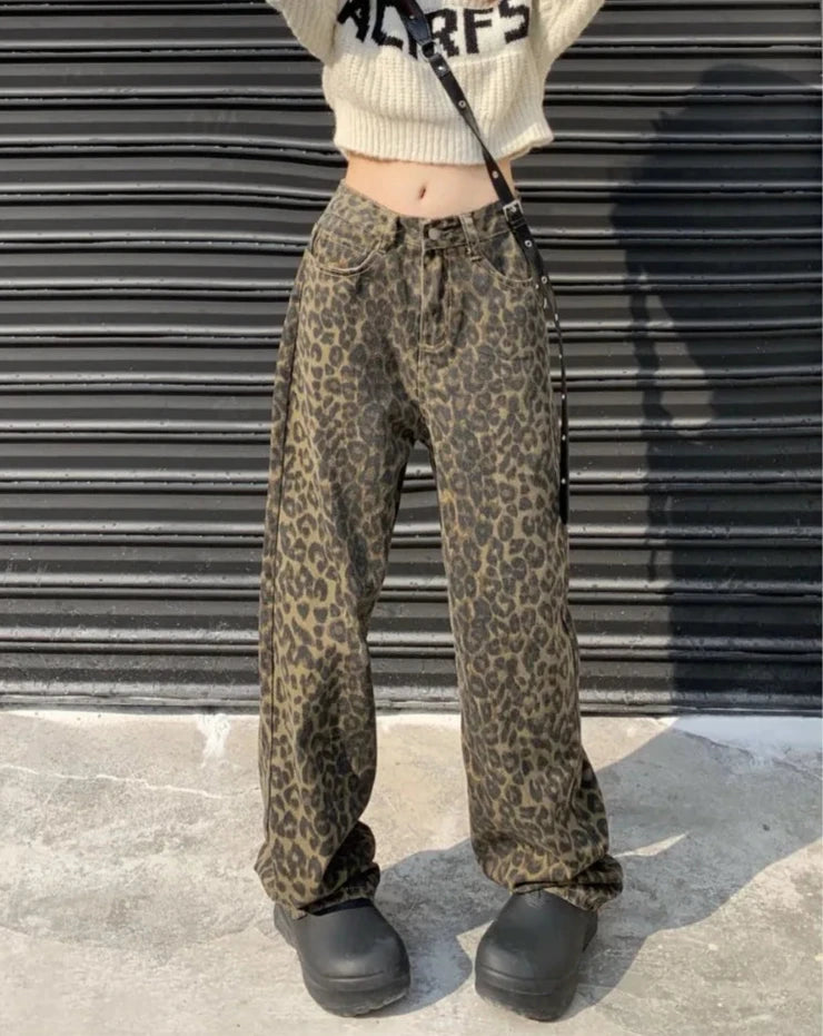 pantsparadises Vintage Leopard Print Pantalon Femme Wide Leg Pants Women High Waist Straight Y2k Jeans Casual Fashion Korean  Jean Trousers