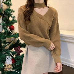 pantsparadises Women Christmas Sweater Autumn Winter Long Sleeved Sweater  Warm V-neck Off Shoulder