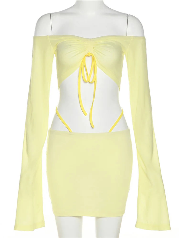 pantsparadises Y2K Aesthetics Sexy Co-ord Sets Yellow 2000s Clubwear Off Shoulder Flare Sleeve Crop Tops and Micro Skirt 2 Piece Suits