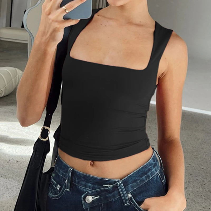 Solid Black Square Collar Crop Top Women Sleeveless Basic Tank Tops Vintage Casual Ladies Vest Harajuku Y2k Summer Tees