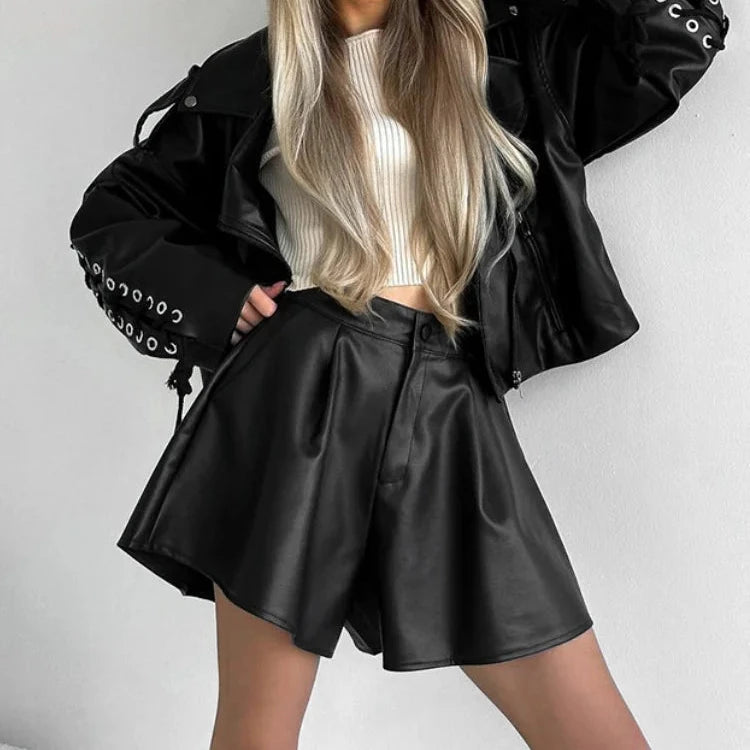 pantsparadises Black Leather Shorts Women Autumn Winter Pleated High Waist Sexy Pu Shorts Casual Wide Leg Shorts Female Office Ladies