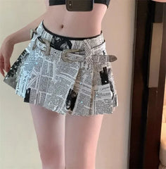 pantsparadises American Printed Pleated Skirts Autumn New Low Waisted A-line Skirt for Women Y2k Grunge Faldas Mujer Newspaper