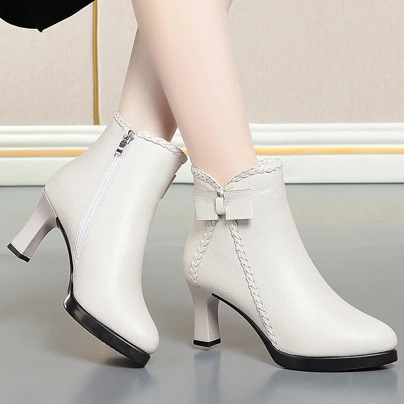 pantsparadises Autumn Women's Platform Shoes New Plus Velvet Stiletto Heel Heeled Ankle Boots Winter Versatile Pointed Toe Warm Short Boots