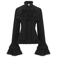 pantsparadises Elegant French Style Solid Shirt for Women Stand Flare Long Sleeve Lace Embroidery Ruffles Bandage Top Gothic Vintage Blouse