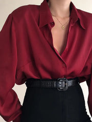 pantsparadises Women Button Blouses Turn Down Collar Shirts Office Lady Long Sleeve Casual Blouse Loose OL Shirt Baggy Tops Red/Wine Red /Black