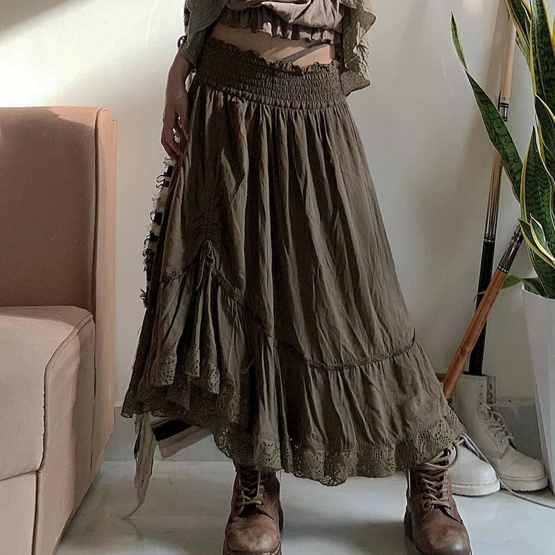 pantsparadises Grunge y2k Loose Skirt Vintage 2000s Drawstring Elastic High Waist Baggy Loose Skirts for Women Harajuku Ladies Clothing