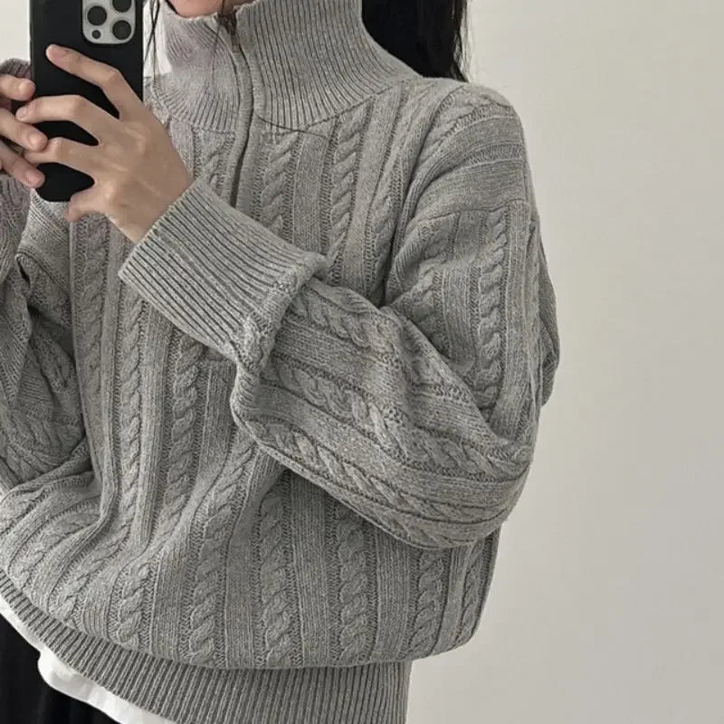 pantsparadises Korean Fashion Half Zipper Sweaters Women Vintage Twisted Knitted Crop Pullover Casual Sueter Mujer Long Sleeve Tops