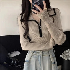 pantsparadises warm winter outfits Turn-down Collar Zipper Sweater Women Autumn Winter Fashion Solid Color Slim Knitwear Office Lady All-match Trend Knitting Tops