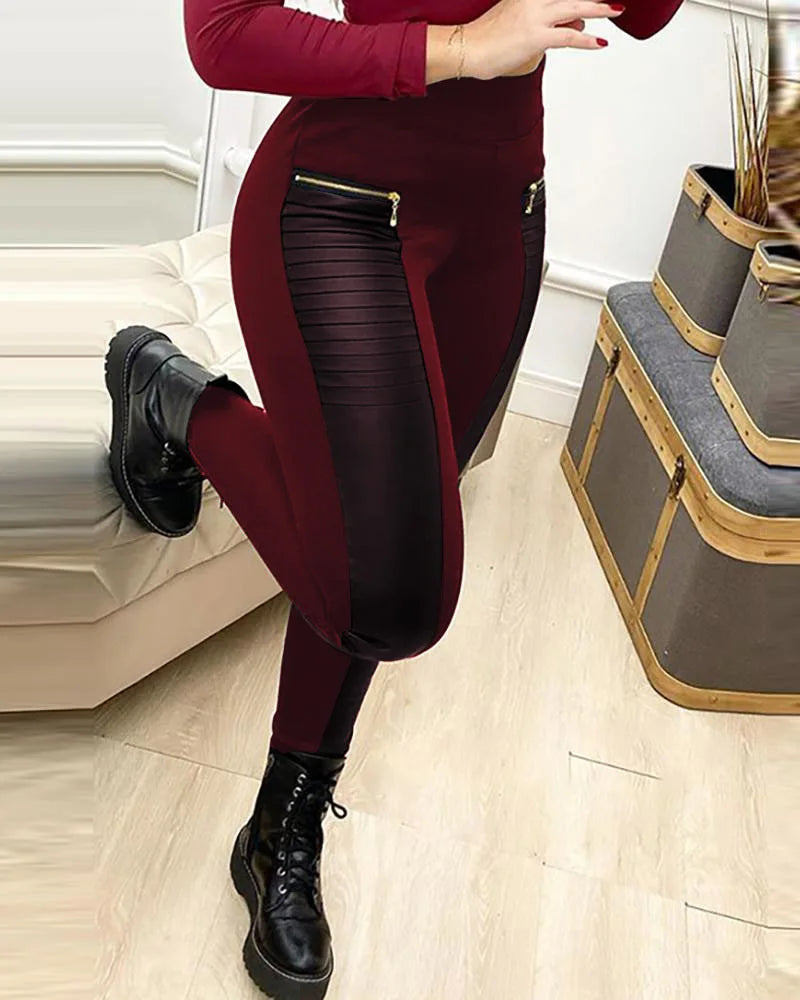 pantsparadises leather pants outfits winter Skinny Pants Women Streetwear Contrast Zipper Detail New Fashion Elegant Leather Casual Bottom Trousers for Female Spring