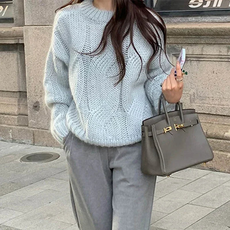 pantsparadises Women Sweaters y2k Clothes Solid Color Round Neck Long Sleeve Cable Knitted Pullover Tops 2000s Clothing Streetwear