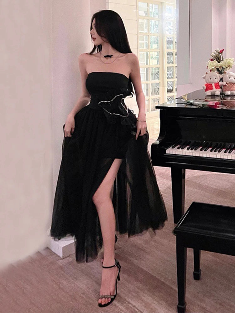 pantsparadises DRESS TO IMPRESS Summer Women Evening Dress Black Sexy Chest Wrapping Backless Slim Maxi Dresses Party Gown Birthday Robe Mujer Vestidos Fiesta