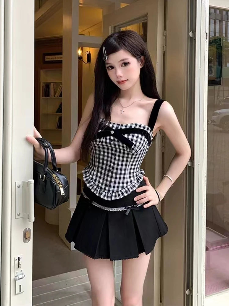 pantsparadises DRESS TO IMPRESS Preppy Style 3 Piece Sets Women Casual Crop Tops + Vintage Plaid Vest + Lace Y2k Mini Skirt Slim Hot Girls Korean Fashion Suit