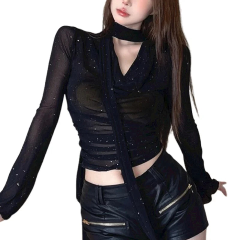 pantsparadises y2k Mesh Shirt Women Party Glitter See Through Cowl Neck Long Sleeve Tops 2000s Aesthetic Clothing Club Streetwear