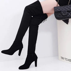 pantsparadises Winter Over The Knee Women Boots Stretch Fabrics High Heel Slip On Shoes Pointed Toe Woman Long Boots Size Plus Size34-43