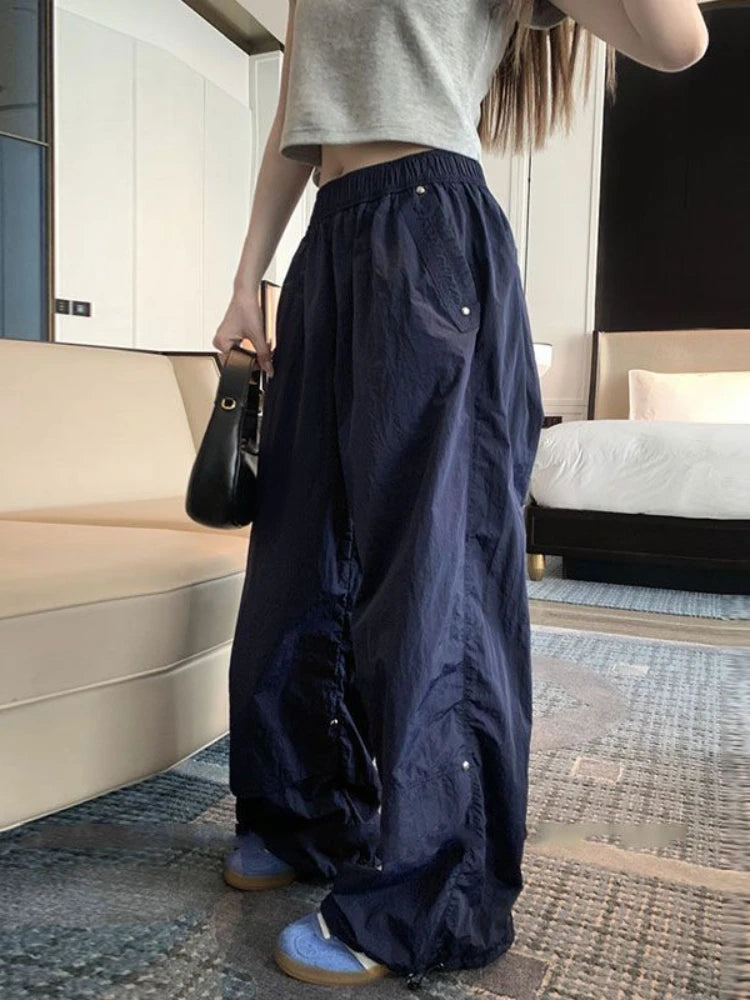 Y2k Baggy Parachute Pants Women Vintage Wide Leg Pleated Cargo Trousers Joggers Casual Gray Oversized Summer Streetwear