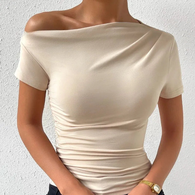 pantsparadises Solid One Shoulder T-shirt, Elegant Short Sleeve Ruched Top For Spring & Summer, Women's Clothing