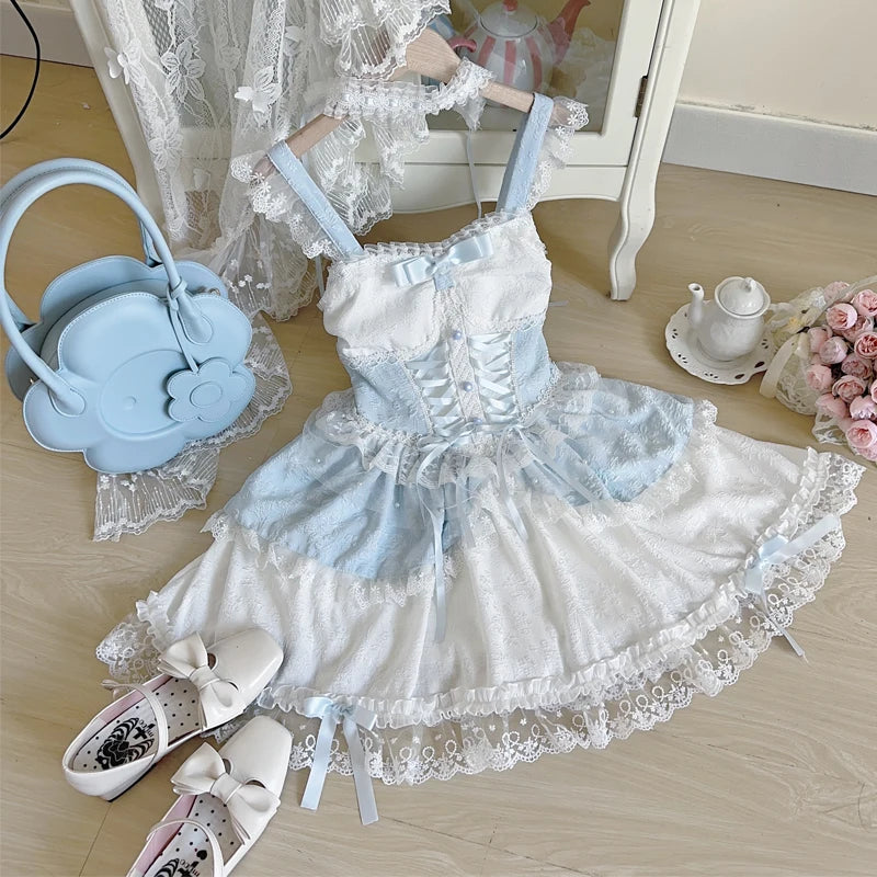 pantsparadises Japanese Sweet Lolita Jsk Dress Women Elegant Ruffles Lace Bandage Princess Strap Dresses Girls Y2k Kawaii Tea Party Mini Dress