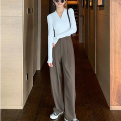 pantsparadises Brown Loose Summer Women's Suit Pants Wide Leg Brown Fluid High Waist Casual Dress Pants Ice Silk Straight Female Trousers