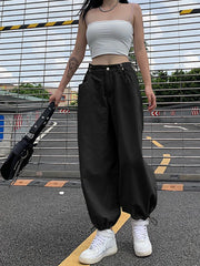 pantsparadises Y2K Fashion Khaki Oversized Cargo Pants Hip Hop Style Loosed Adjustable Waist Drawstring Long Pant Streetwear 90s Autumn