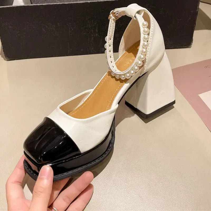 pantsparadises Women Heels Platform Shoes Mary Jane Shoes for Women 2024 Chunky Heels Buckle Strap Pumps Woman Thick Bottom Pearl Sandals