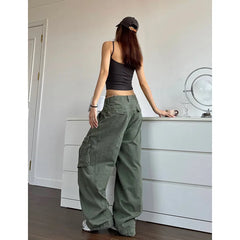 pantsparadises NEW Green Jeans for Women High Quality High Waist American Wide Leg Pants Solid Y2K Vintage Straight Summer Trousers